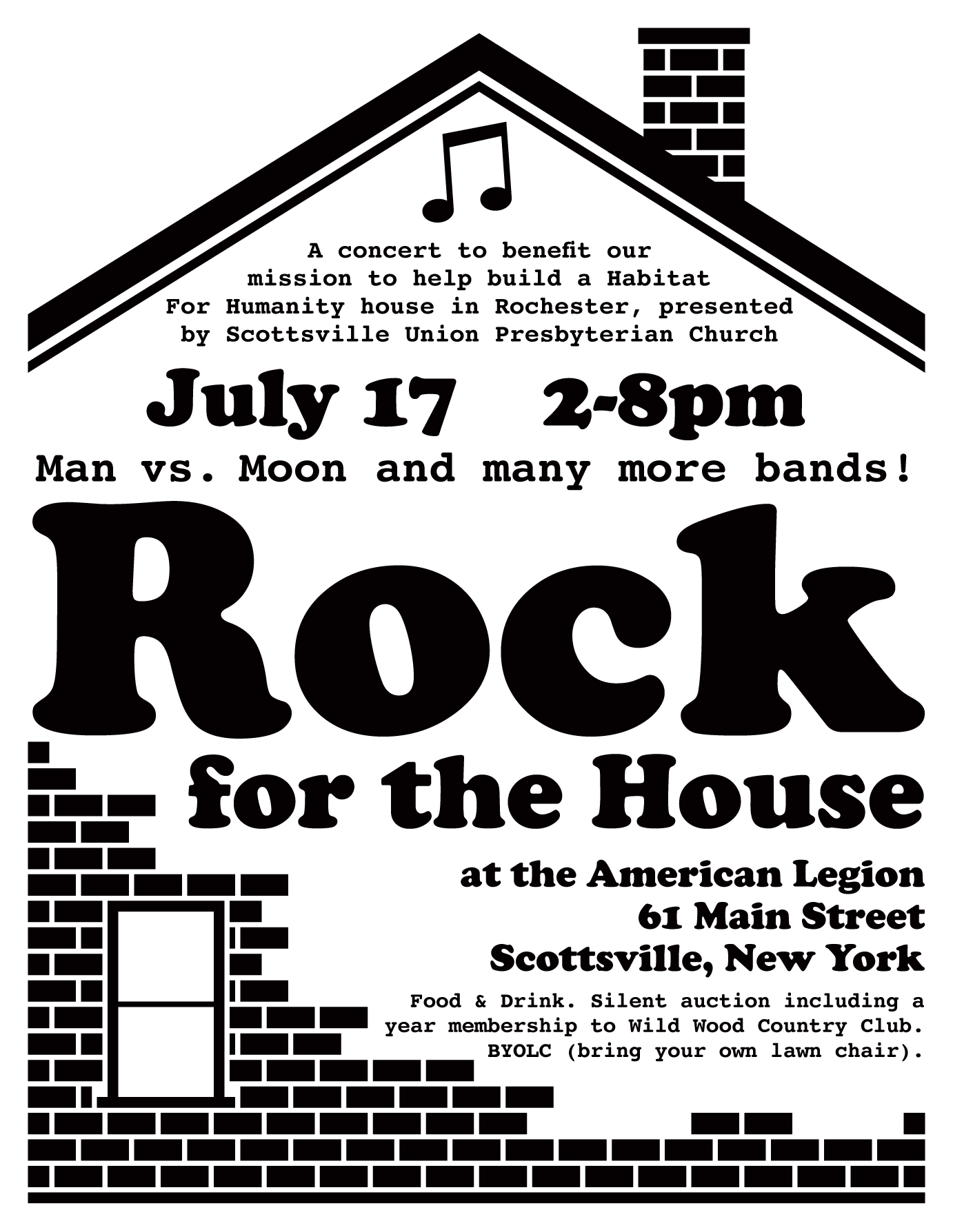 Scottsville Union Presbyterian Church presents Rock for the House July 17, 2-8 to Benefit Habitat for Humanity in Rochester