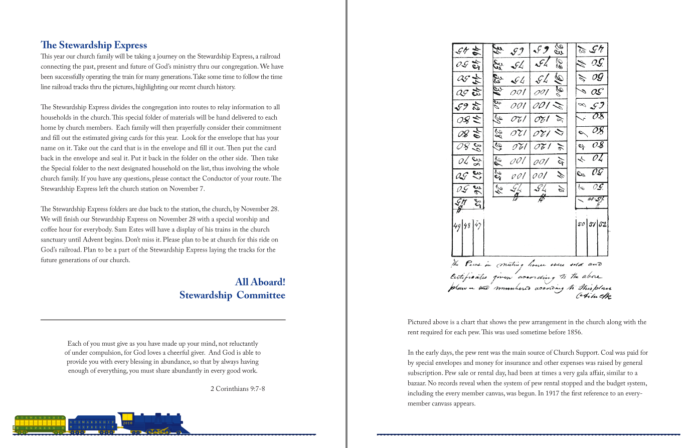 Pages 2-3: Letter from the Stewarship Committee and Chart on rent requirement for church pews circa 1850s